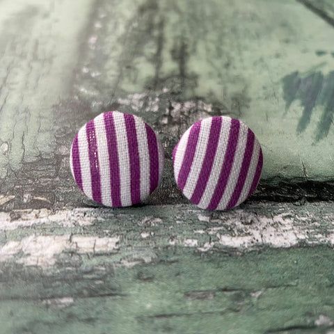 Vintage Style Purple and White Striped Fabric Button 19mm Stud Stainless Steel Stud Earrings