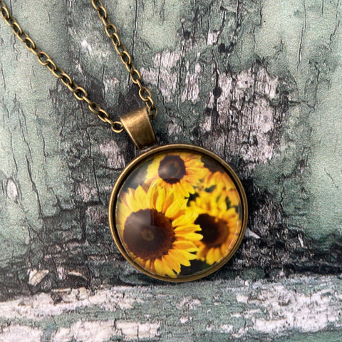 Yellow Sunflowers Floral Print Glass Cabochon Pendant Necklace