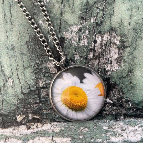 White Leucanthemum Daisy Print Glass Cabochon Pendant Necklace