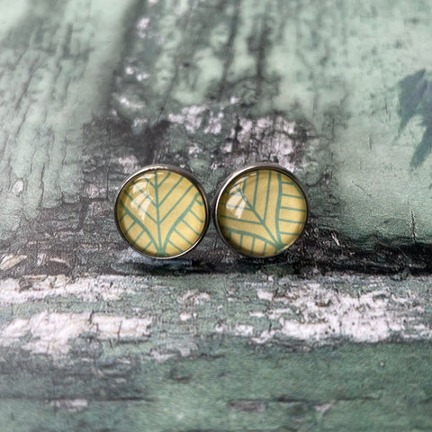 Yellow and Green Leaf Print Glass Cabochon 14mm Stud Stainless Steel Stud Earrings