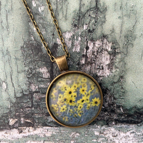 Yellow Rudbeckia Fulgida Daisies Floral Print Glass Cabochon Pendant Necklace