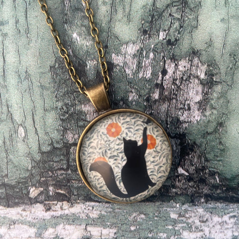 Pawing Black Cat Red Poppy Floral Vintage Style Print Glass Cabochon Pendant Necklace