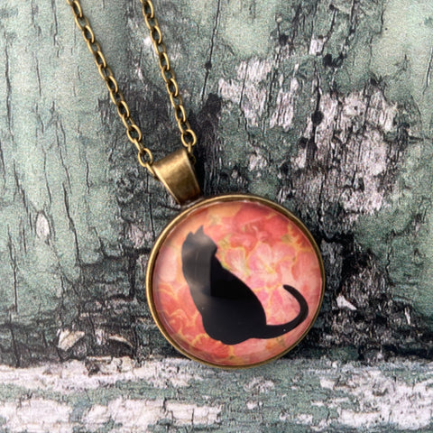 Sitting Black Cat Pink Roses Floral Vintage Style Print Glass Cabochon Pendant Necklace