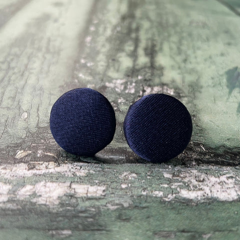 Navy Blue Satin Fabric Button 19mm Stud Stainless Steel Stud Earrings
