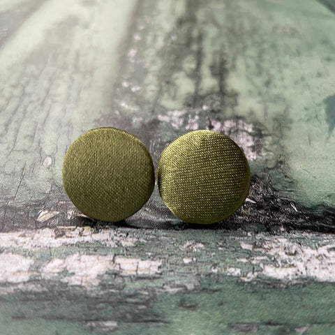 Olive Green Satin Fabric Button 19mm Stud Stainless Steel Stud Earrings