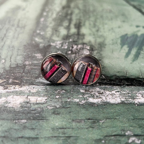 Old Shabby Leather Bound Books Glass Cabochon 14mm Stud Stainless Steel Stud Earrings