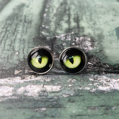 Black Cats Green Eyes Glass Cabochon 14mm Stud Stainless Steel Stud Earrings