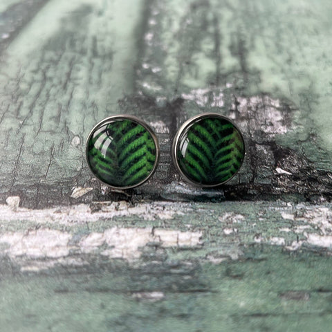 Green Irish Ferns Print Glass Cabochon 14mm Stud Stainless Steel Stud Earrings
