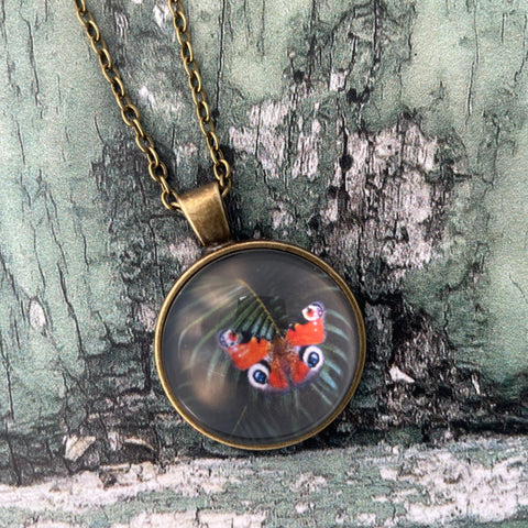 Red Peacock Aglais lo Butterfly Green Tropical Leaf Print Glass Cabochon Pendant Necklace