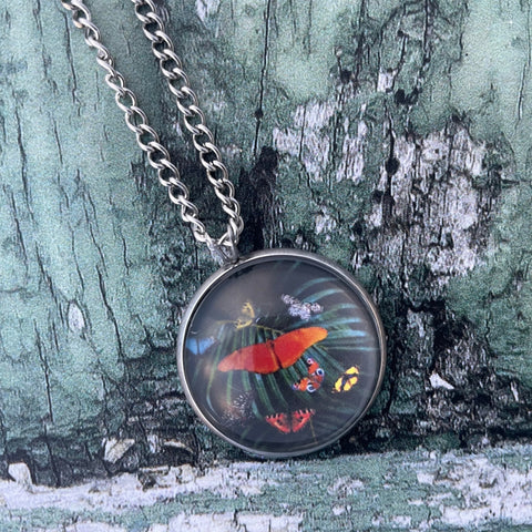 Orange Butterfly Julia Heliconian Butterflies Green Tropical Leaf Print Glass Cabochon Pendant Necklace