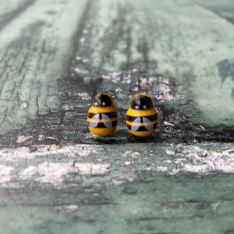 Small Yellow and Black Painted Wooden Bee Stainless Steel Stud Earrings with Scroll Backs