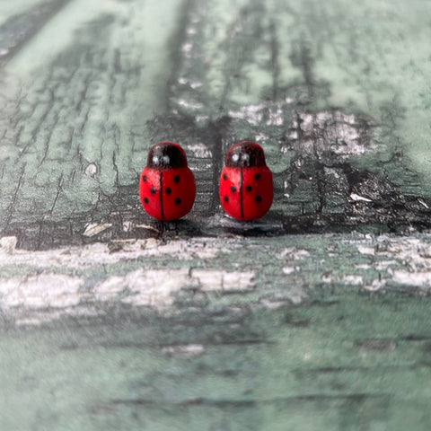 Small Red and Black Painted Wooden Ladybird Stainless Steel Stud Earrings with Scrollback