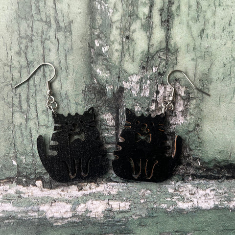 Chubby Black Bow Tie Cat Painted Wooden Earrings with Stainless Steel Hooks