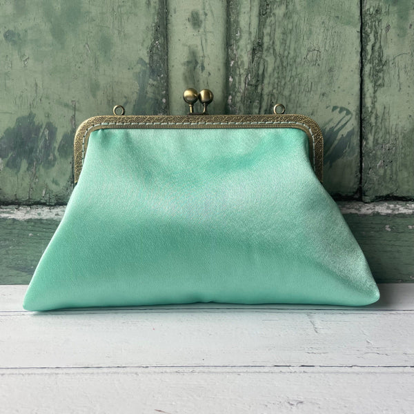 Light Mint Green Satin 8 Inch Bronze Clasp Vintage Style Frame Clutch Bag