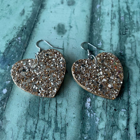 Gold Glitter Wooden Earrings with Stainless Steel Hooks