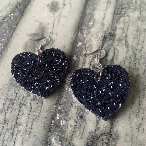 Navy Blue Glitter Wooden Earrings with Stainless Steel Hooks