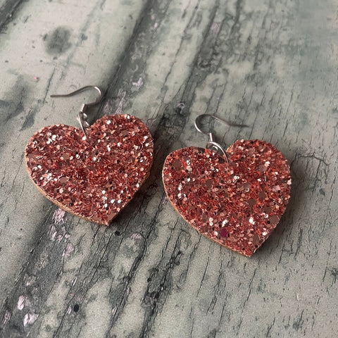 Rose Gold Glitter Wooden Earrings with Stainless Steel Hooks
