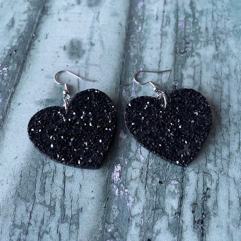 Black Glitter Wooden Earrings with Stainless Steel Hooks