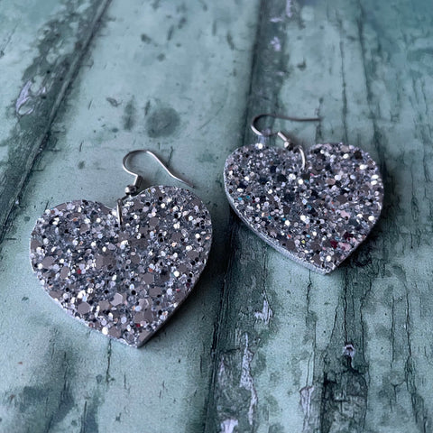 Silver Glitter Wooden Earrings with Stainless Steel Hooks