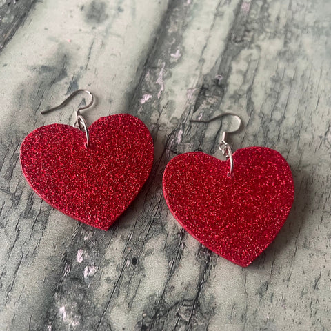 Red Glitter Wooden Earrings with Stainless Steel Hooks