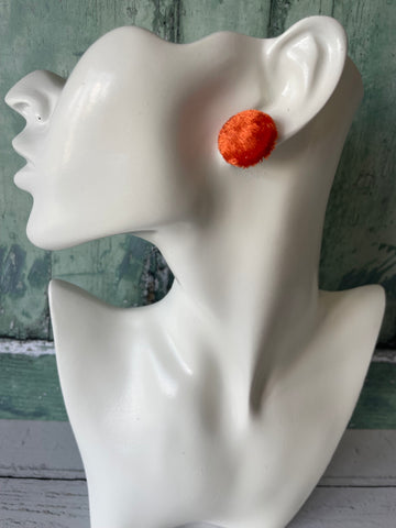 Orange Crushed Velvet Fabric Button 19mm Stud Stainless Steel Stud Earrings