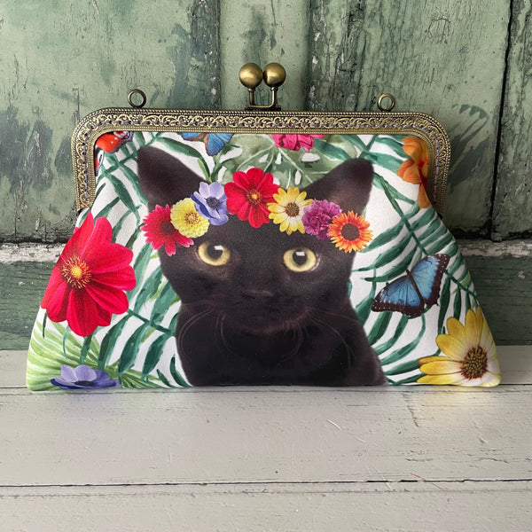 Tropical Floral Black Cat Satin 8 Inch Sew In Clasp Bronze Purse Frame Clutch Bag