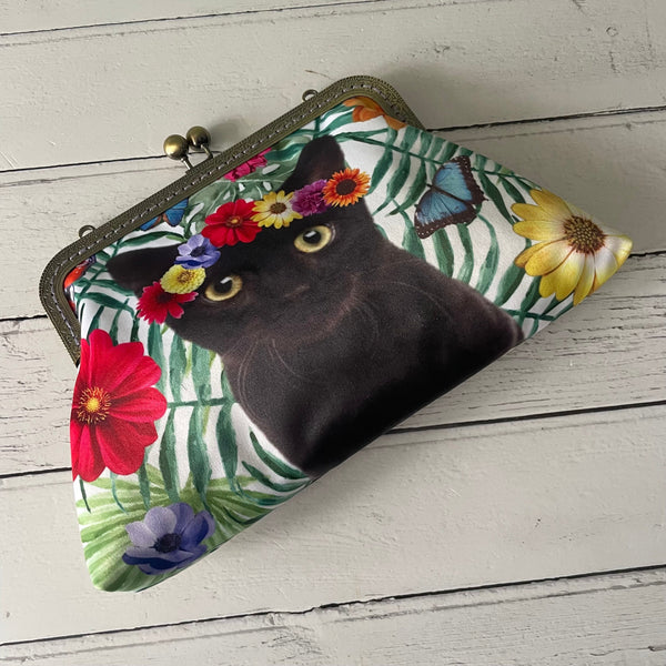 Tropical Floral Black Cat Satin 8 Inch Sew In Clasp Bronze Purse Frame Clutch Bag
