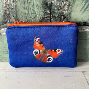 Handmade Red and Blue Butterfly Satin Coin Zipper Purse Pouch