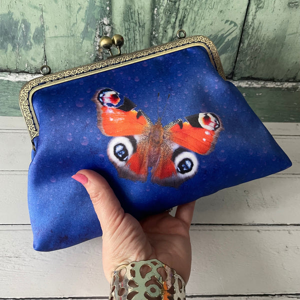 Blue and Red Peacock Butterfly Satin 8 Inch Sew In Clasp Bronze Purse Frame Clutch Bag