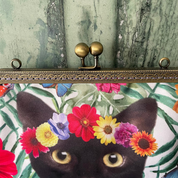 Tropical Floral Black Cat Satin 8 Inch Sew In Clasp Bronze Purse Frame Clutch Bag