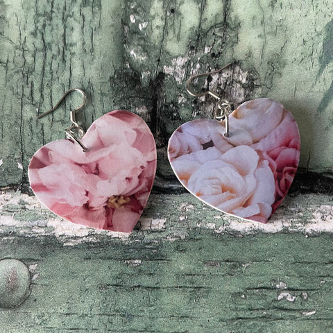 Pink Rose Petals Floral Print Wooden Heart Earrings with Stainless Steel Hooks
