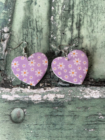 Lilac and White Daisies Floral Print Wooden Heart Earrings with Stainless Steel Hooks