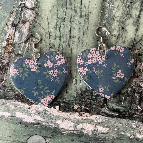 Blue and Small Pink Floral Pansies Print Wooden Heart Earrings with Stainless Steel Hooks