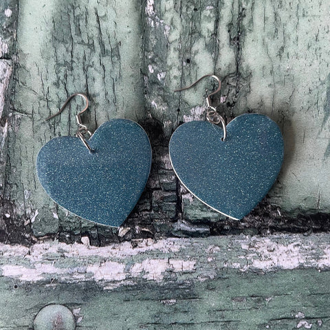 Blue Glitter Print Wooden Heart Earrings with Stainless Steel Hooks