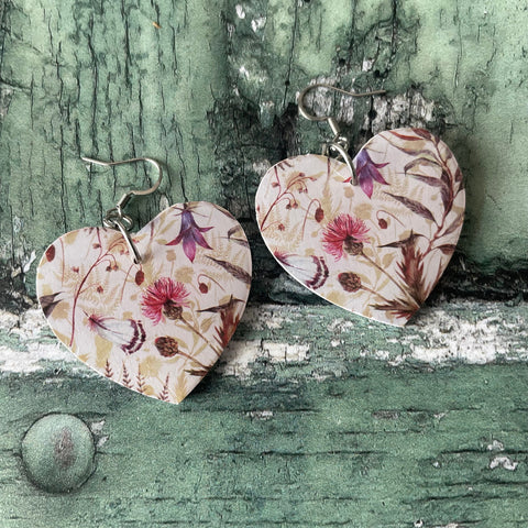 White and Pink Thistles Floral Print Wooden Heart Earrings with Stainless Steel Hooks