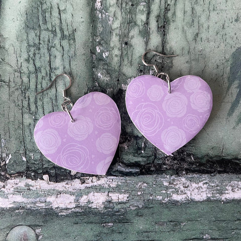 Lilac and White Roses Floral Print Wooden Heart Earrings with Stainless Steel Hooks