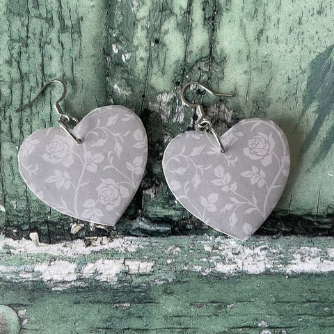 Grey and White Roses Floral Print Wooden Heart Earrings with Stainless Steel Hooks