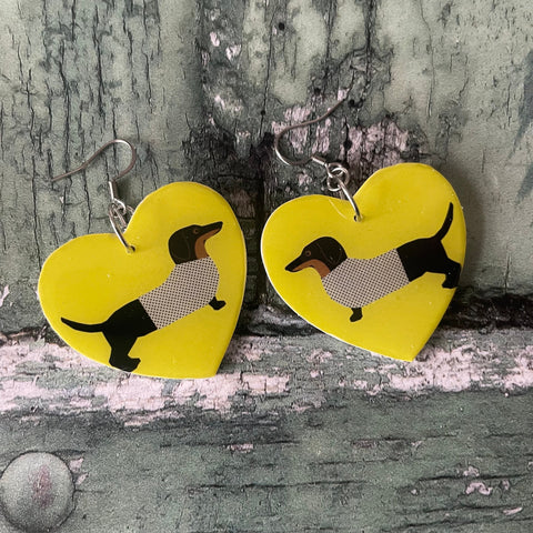 Yellow Polka Dog Black Dachshund Dog Wooden Earrings with Stainless Steel Hooks
