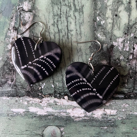 Black and White Raindrop Spiders Web Wooden Heart Earrings with Stainless Steel Hooks