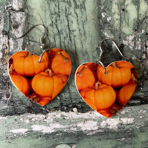 Orange Pumpkins Wooden Heart Earrings with Stainless Steel Hooks