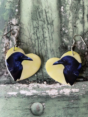 Black Crow Bird Wooden Heart Earrings with Stainless Steel Hooks