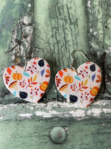 Autumnal Pumpkin Wooden Heart Earrings with Stainless Steel Hooks
