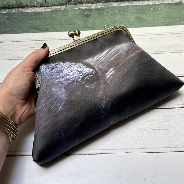 Black Crow Bird Satin 8 Inch Sew In Clasp Bronze Purse Frame Clutch Bag