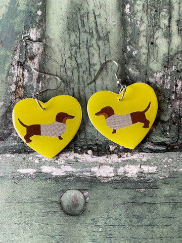 Yellow Polka Dog Brown Dachshund Dog Wooden Earrings with Stainless Steel Hooks