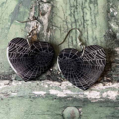 Black and White Spider Web Wooden Heart Earrings with Stainless Steel Hooks