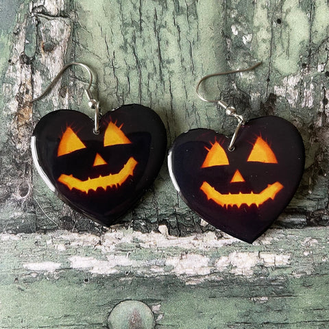 Carved Halloween Pumpkin Wooden Heart Earrings with Stainless Steel Hooks