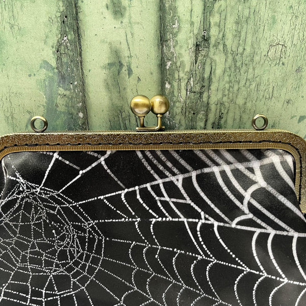 Black and White Spider Web Satin 8 Inch Sew In Clasp Bronze Purse Frame Clutch Bag