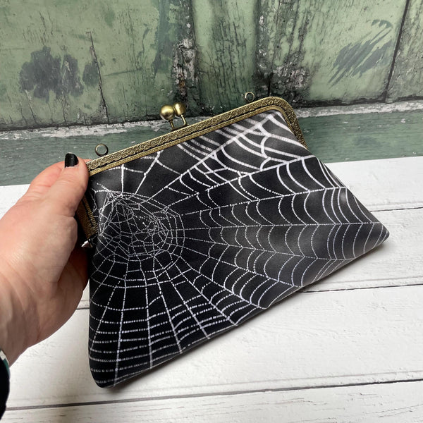 Black and White Spider Web Satin 8 Inch Sew In Clasp Bronze Purse Frame Clutch Bag