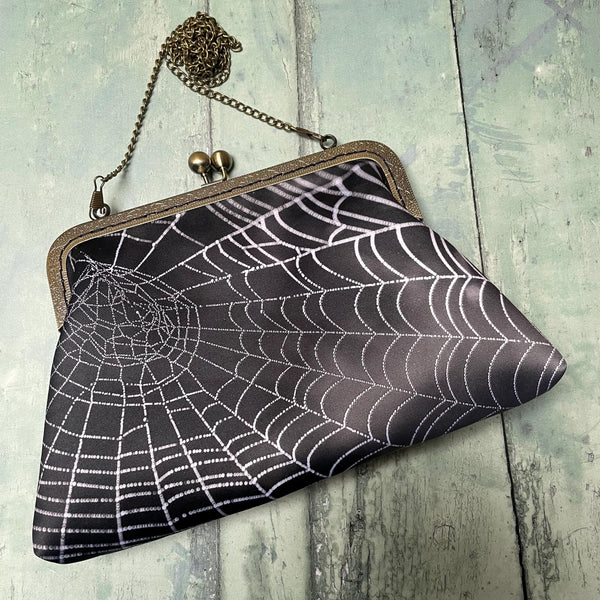Black and White Spider Web Satin 8 Inch Sew In Clasp Bronze Purse Frame Clutch Bag