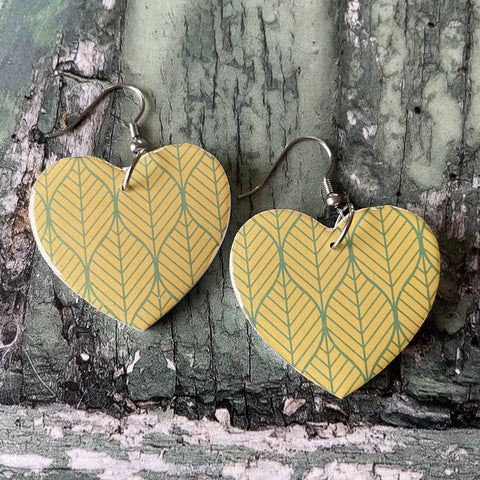 Green and Yellow Leaf Print Wooden Heart Earrings with Stainless Steel Hooks